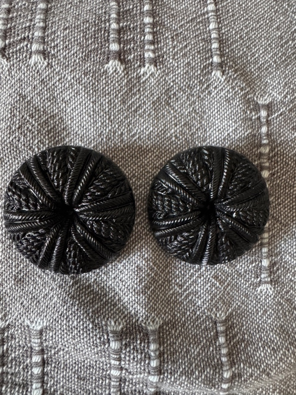Vintage Set of 2 Black Carved Textured Round Plastic Buttons